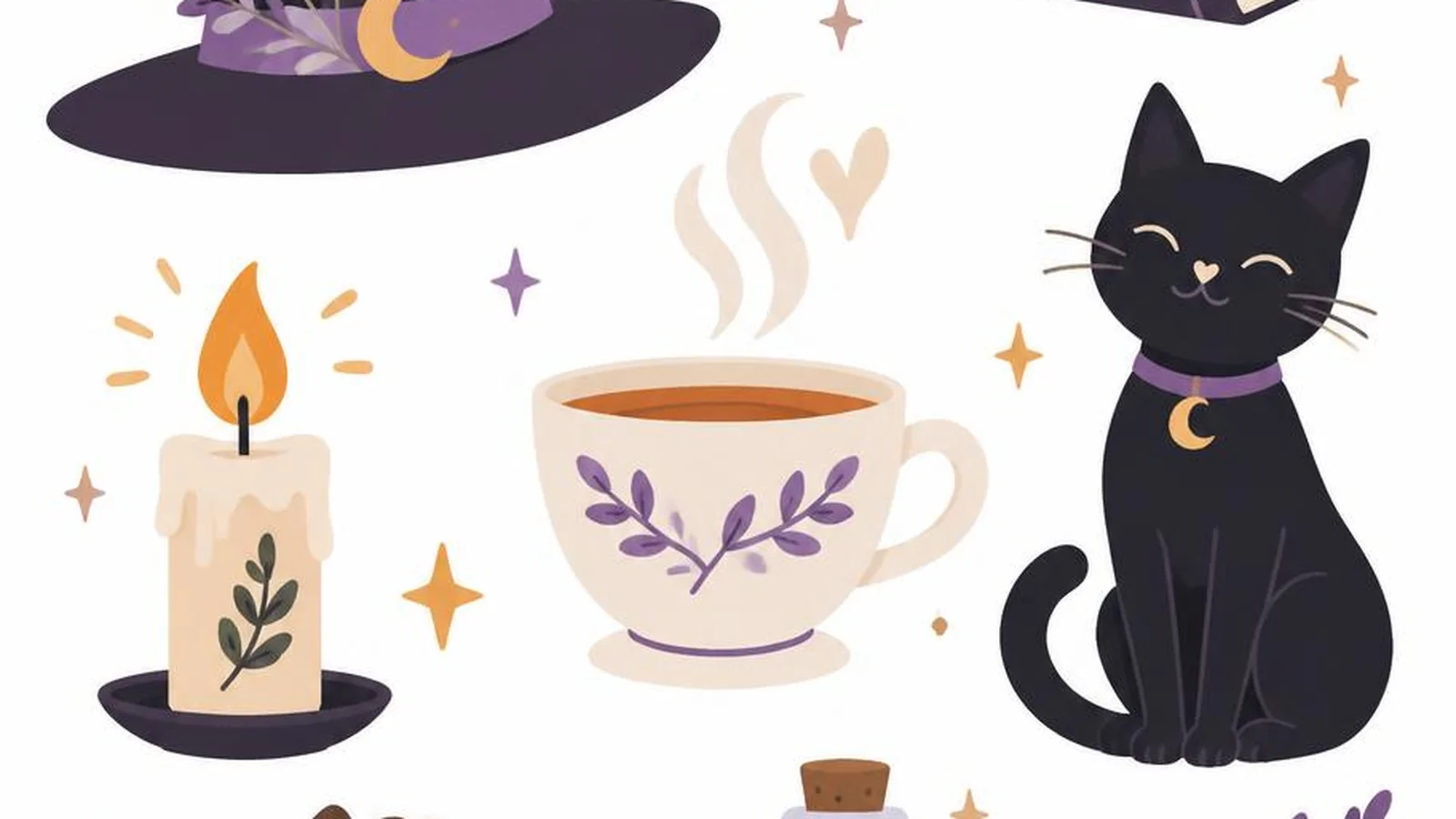 Clean illustration of a witch hat, candle, and teacup on a white background for witch quotes.