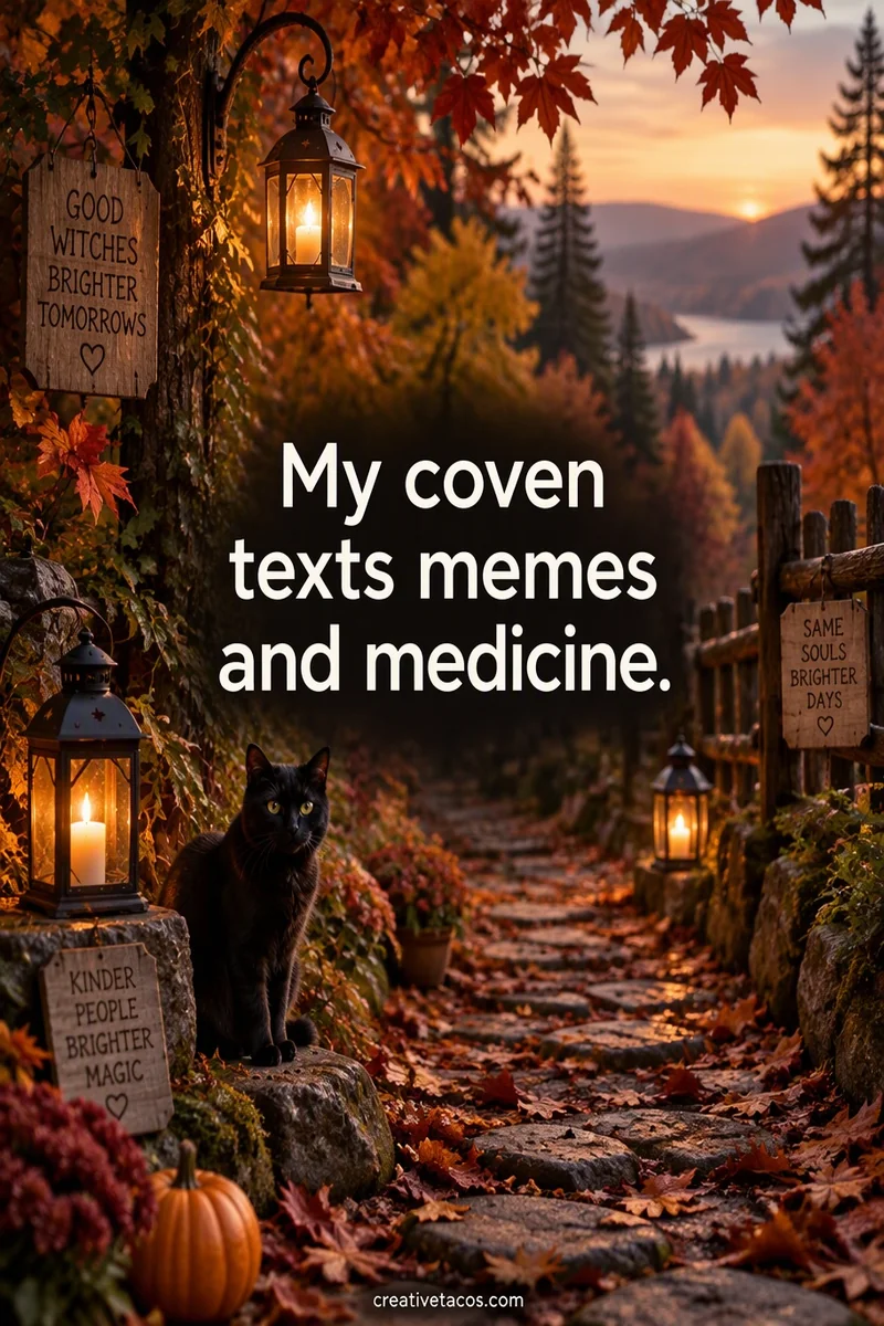 Quote card: My coven texts memes and medicine.