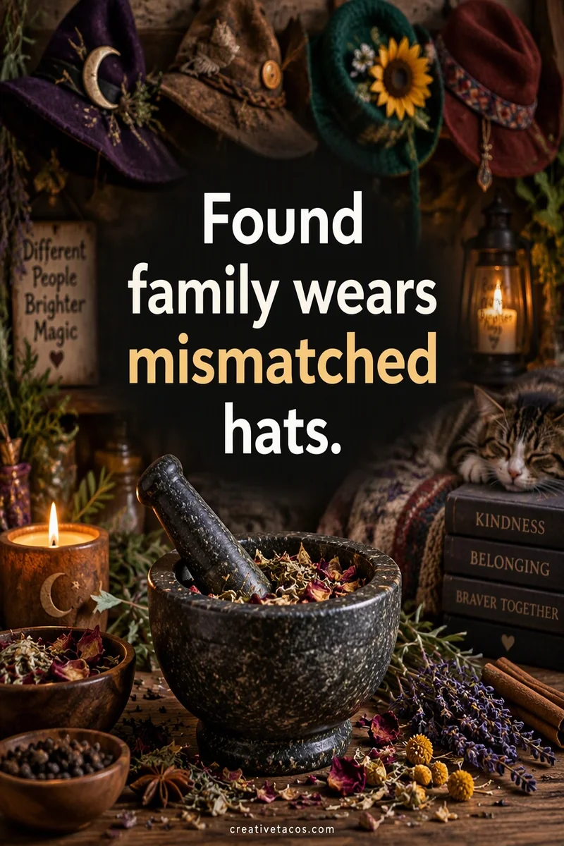 Quote card: Found family wears mismatched hats.