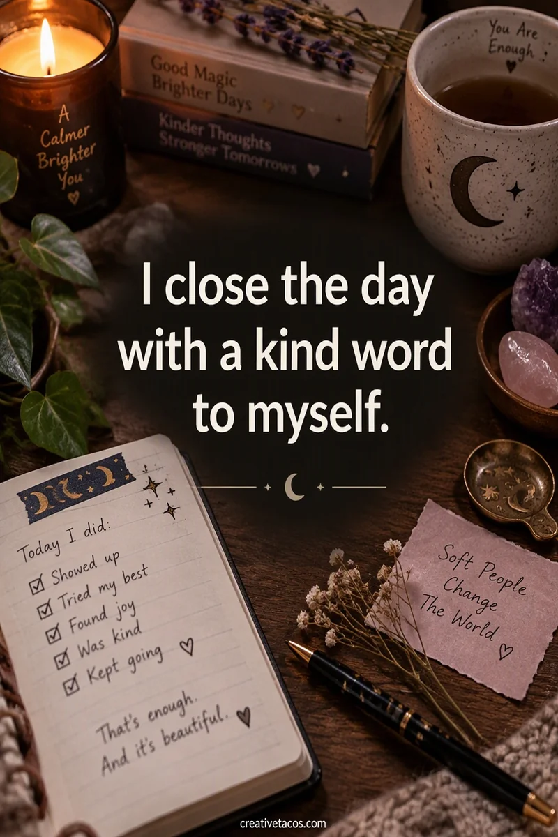 Quote card: I close the day with a kind word to myself.