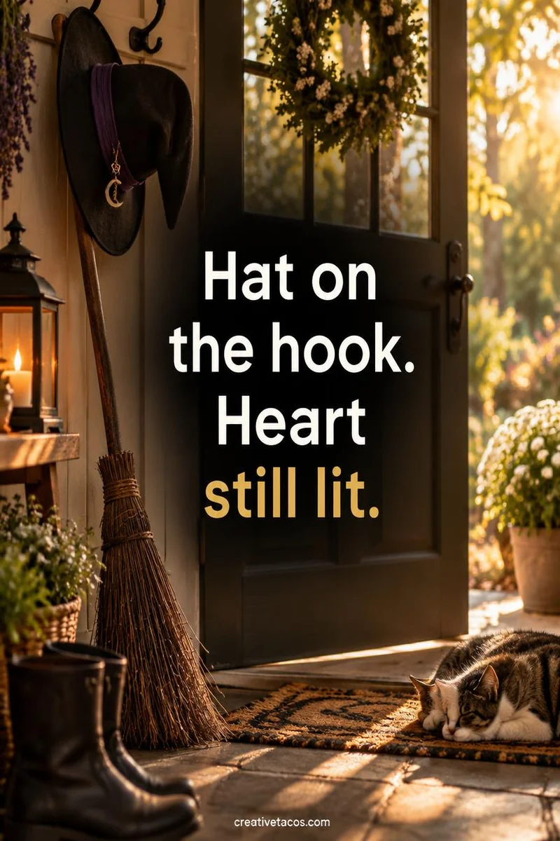 Quote card: Hat on the hook. Heart still lit.