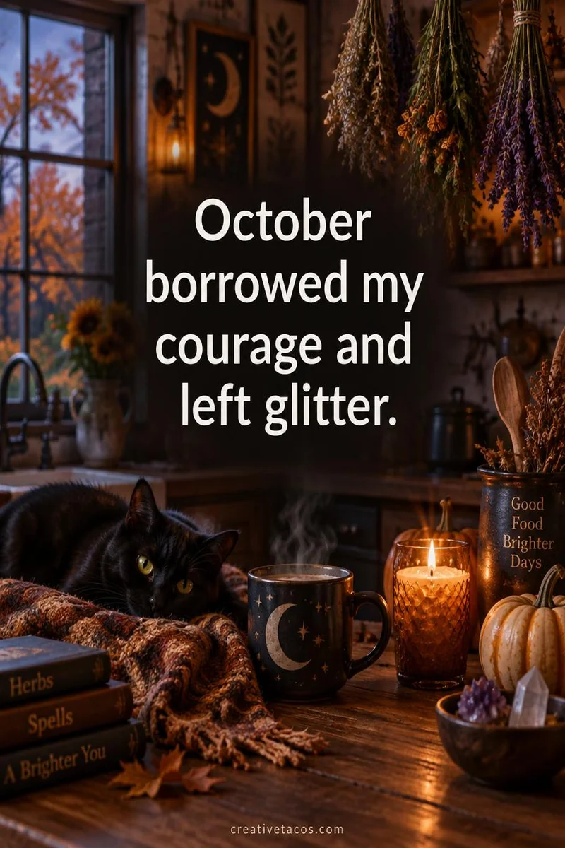 Quote card: October borrowed my courage and left glitter.