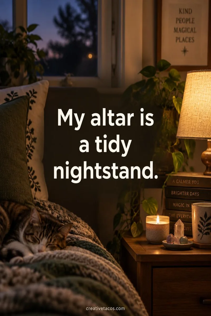 Quote card: My altar is a tidy nightstand.