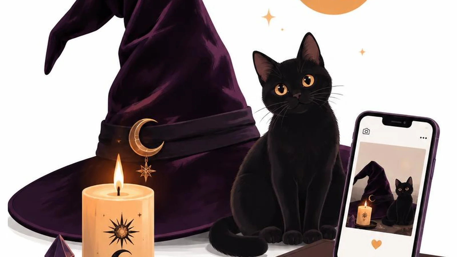 Clean illustration of a witch hat, candle, crescent moon, and black cat on a white background for witchy captions.