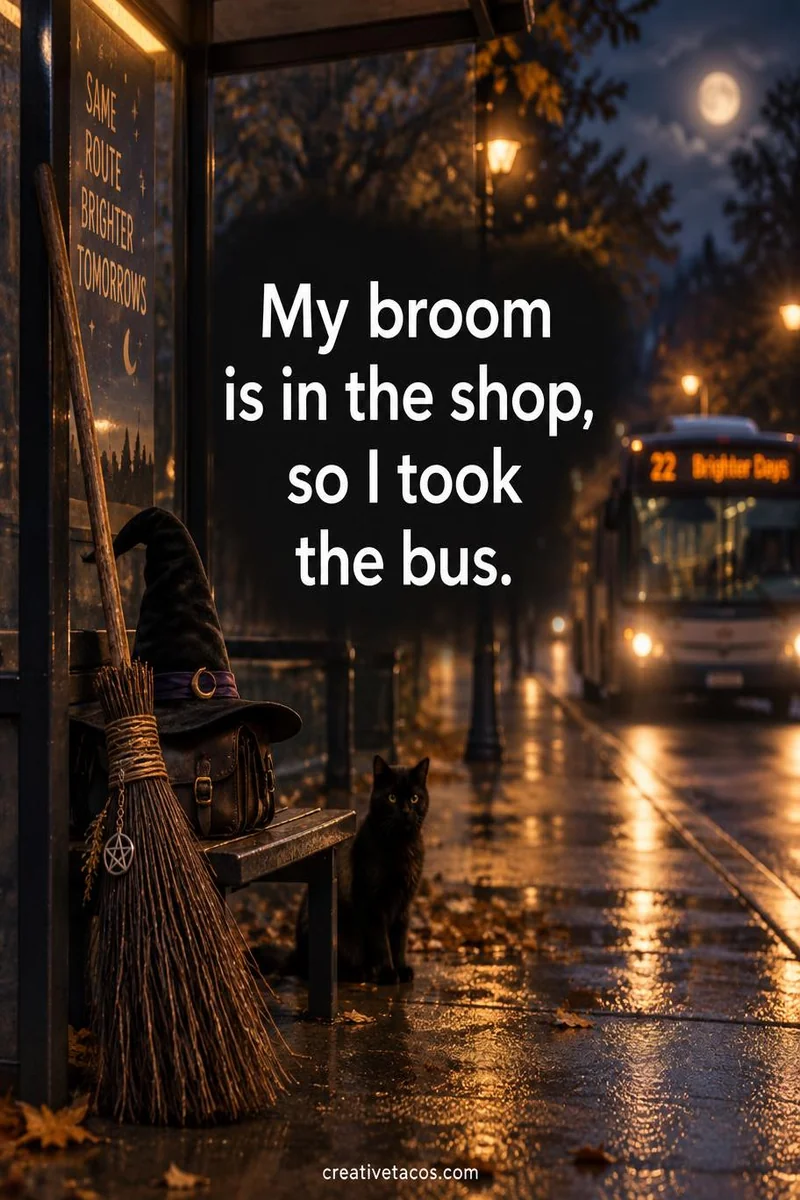 Quote card: My broom is in the shop, so I took the bus.