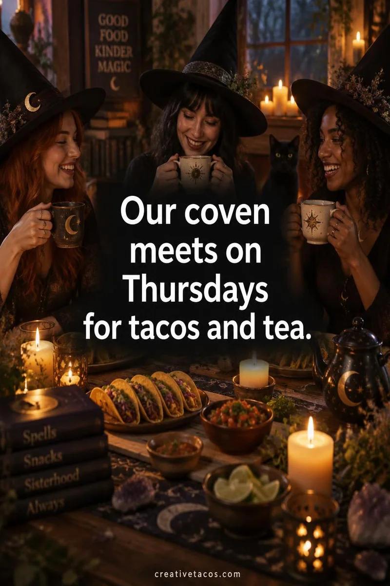 Quote card: Our coven meets on Thursdays for tacos and tea.