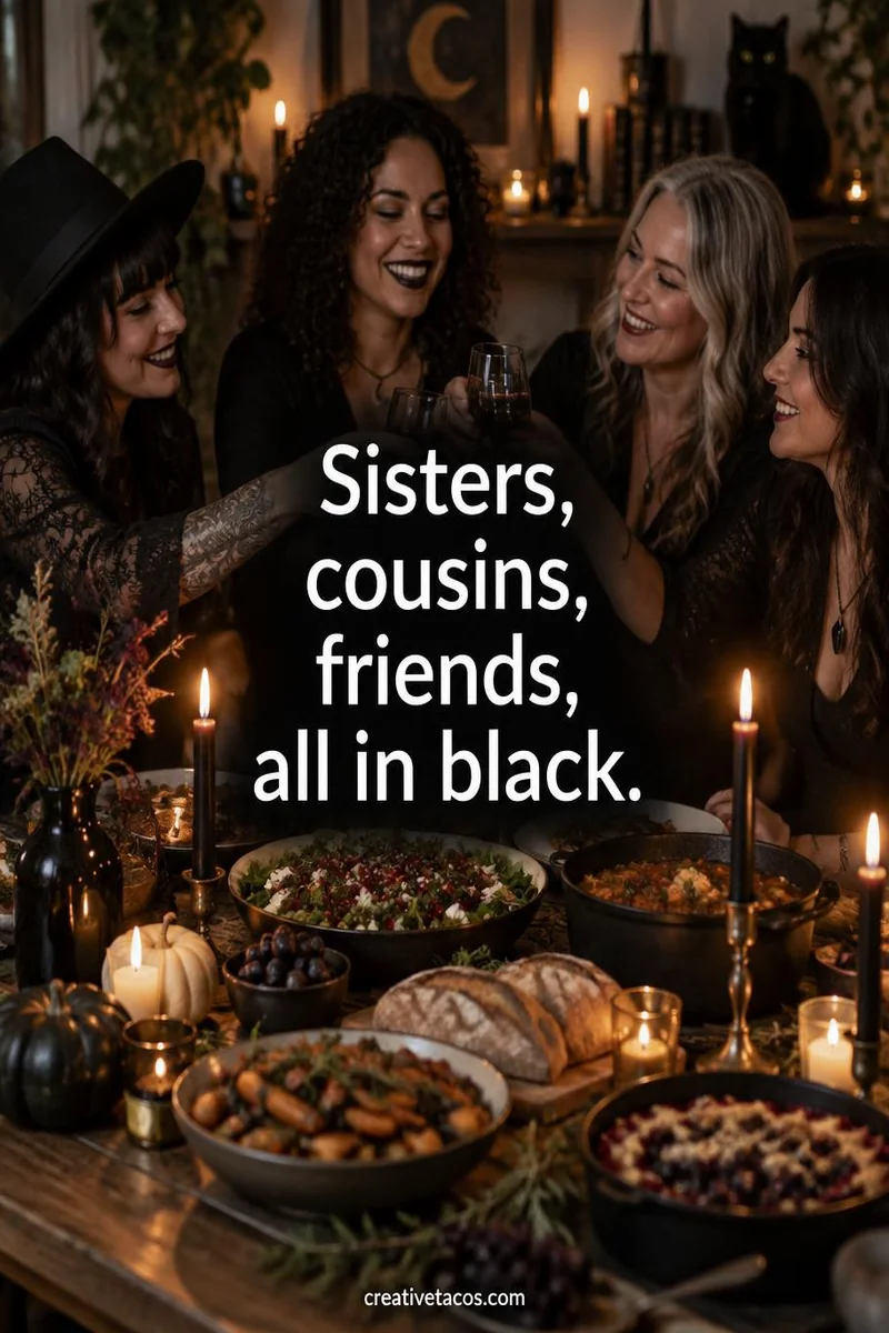 Quote card: Sisters, cousins, friends, all in black.