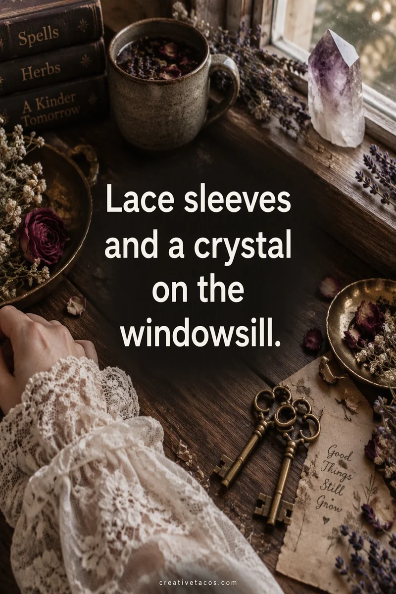 Quote card: Lace sleeves and a crystal on the windowsill.
