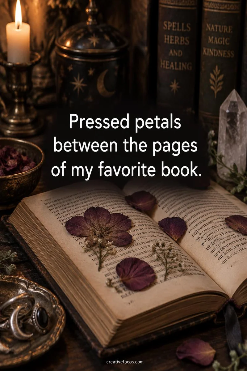 Quote card: Pressed petals between the pages of my favorite book.