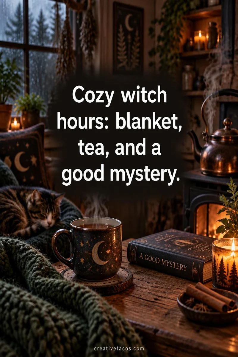 Quote card: Cozy witch hours: blanket, tea, and a good mystery.