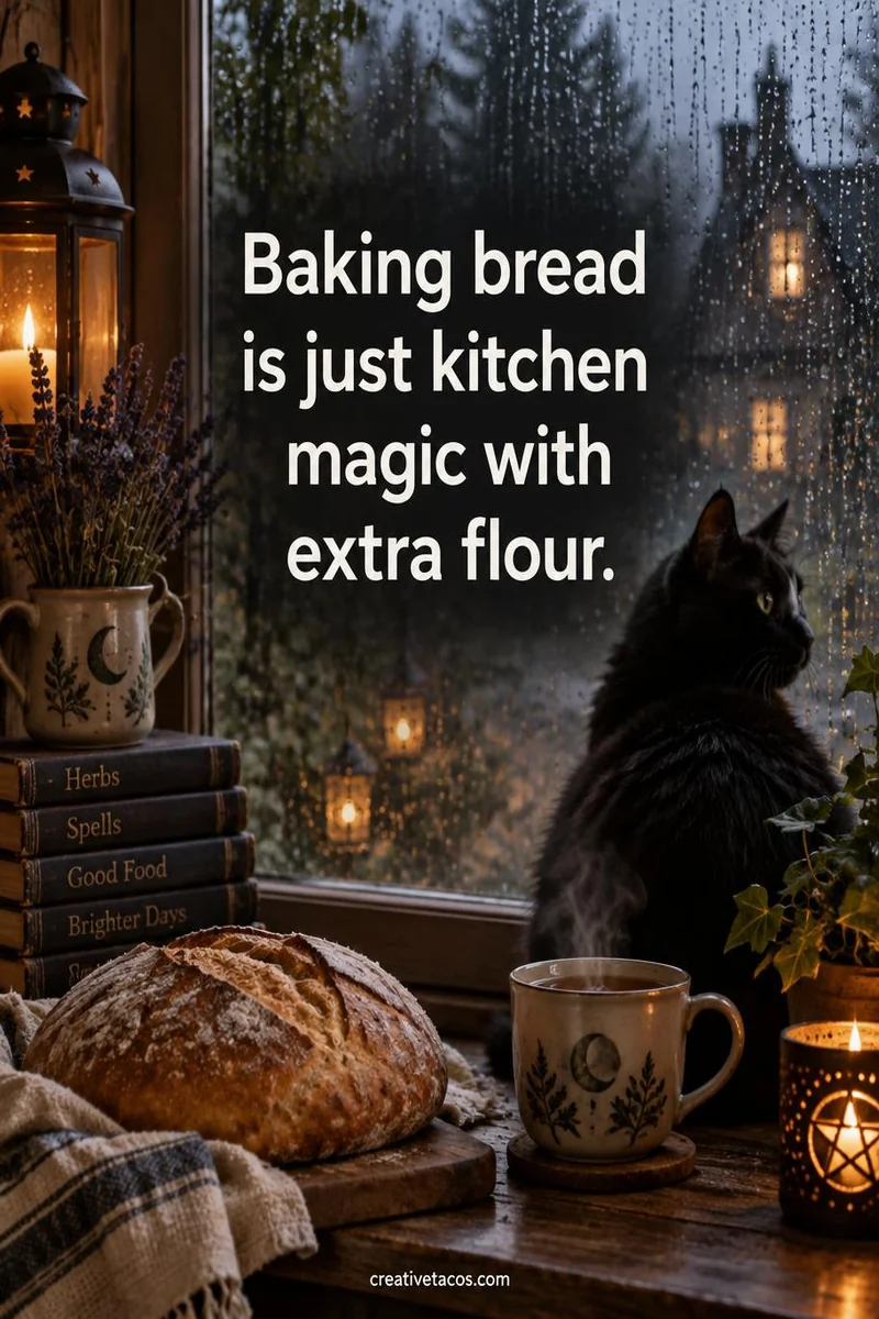 Quote card: Baking bread is just kitchen magic with extra flour.