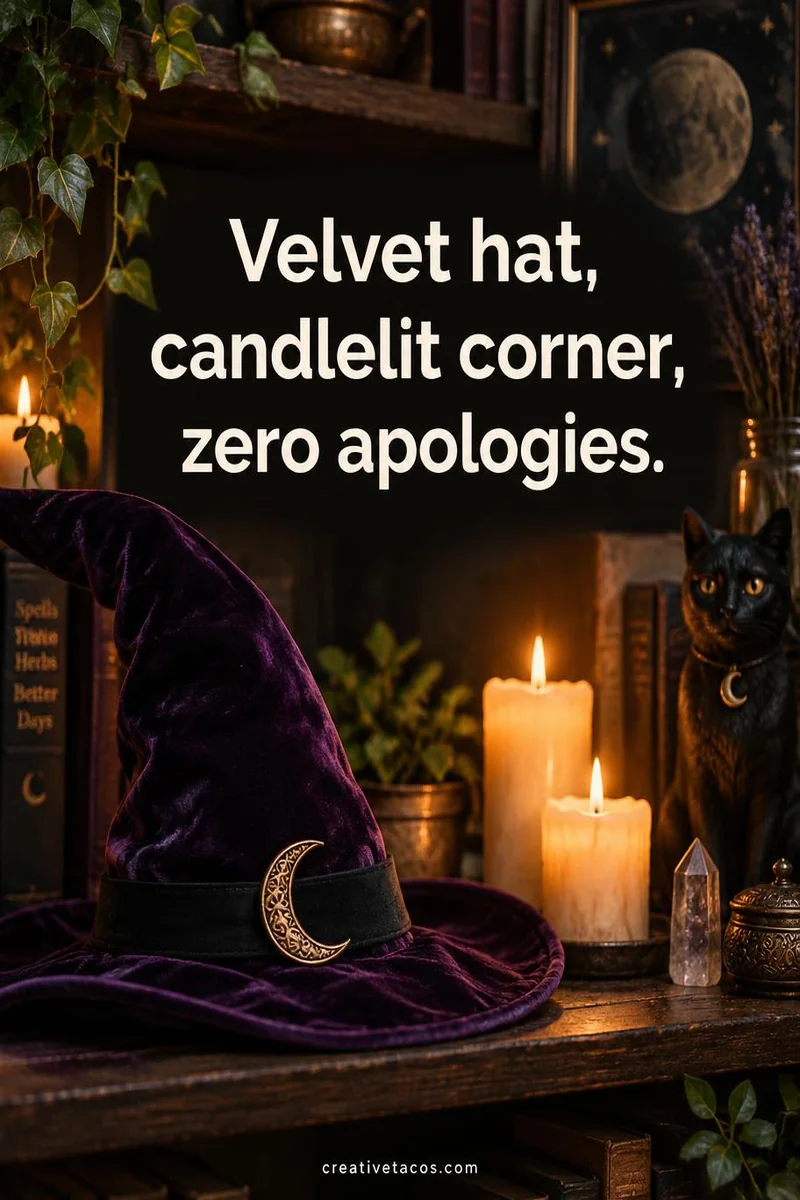 Quote card: Velvet hat, candlelit corner, zero apologies.