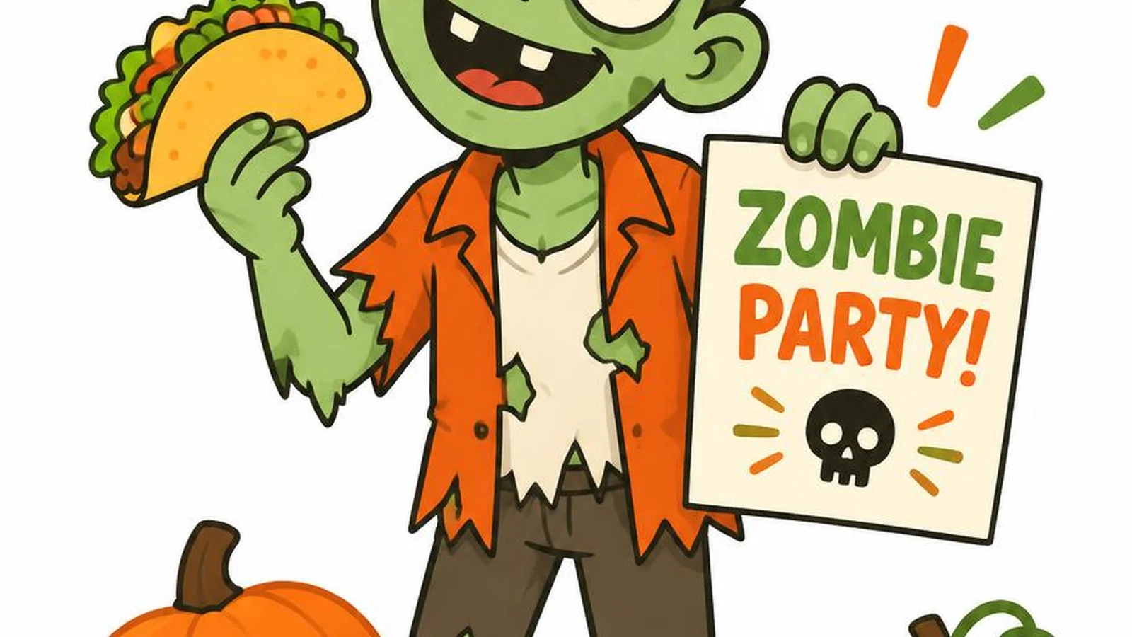 Clean illustration of a friendly zombie and snacks on a white background for zombie puns.