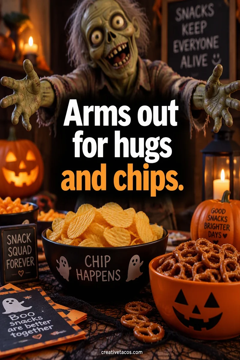 Quote card: Arms out for hugs and chips.