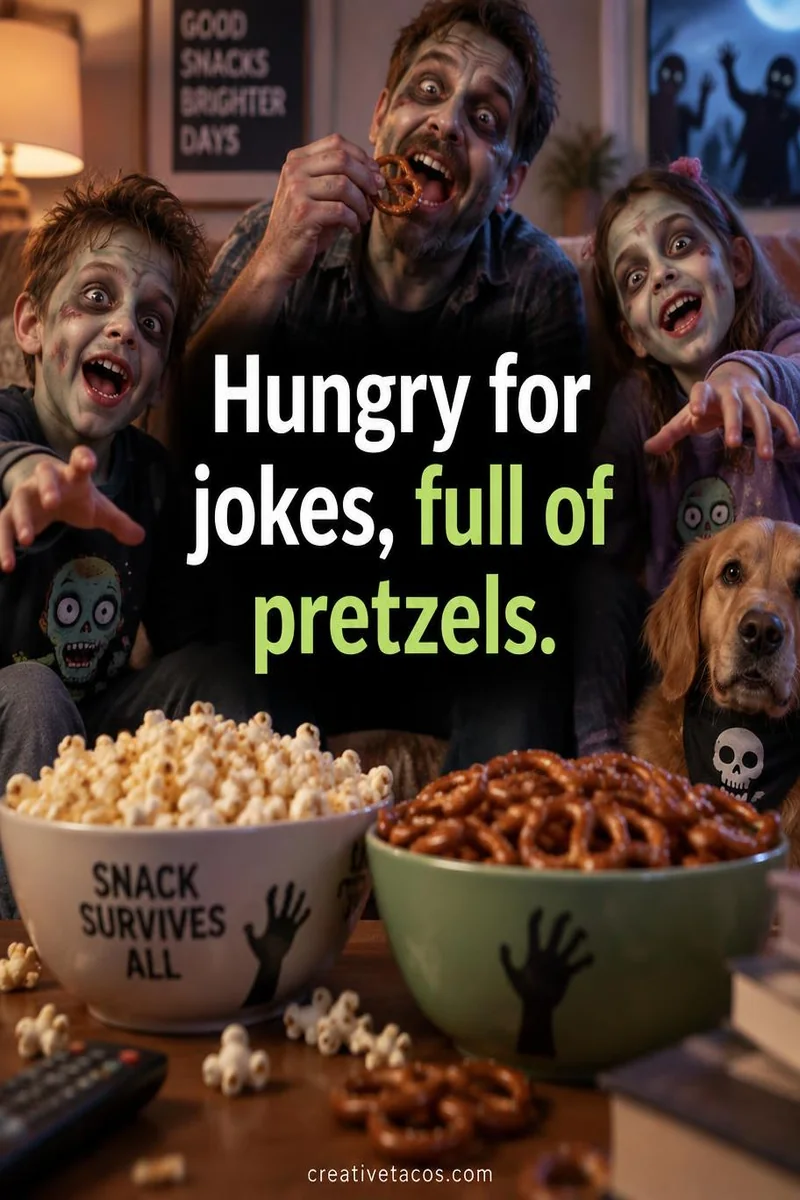 Quote card: Hungry for jokes, full of pretzels.