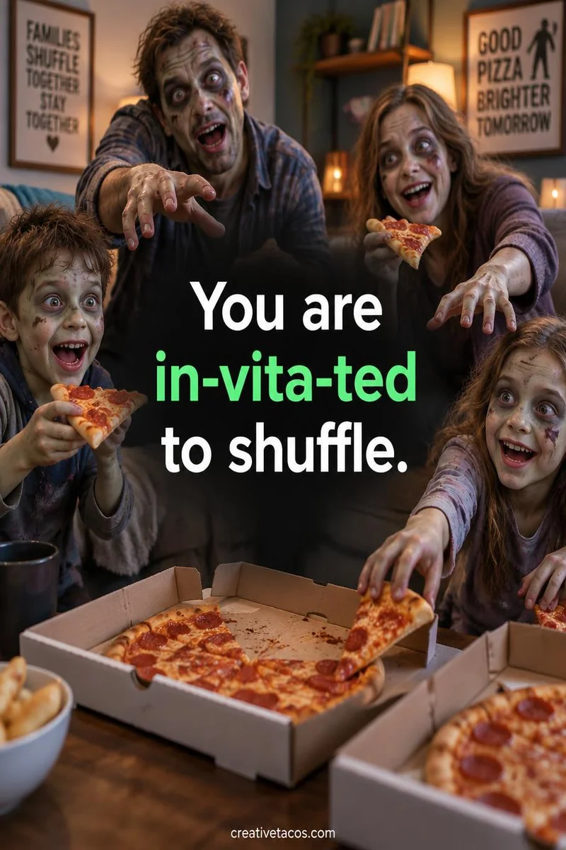 Quote card: You are in-vita-ted to shuffle.